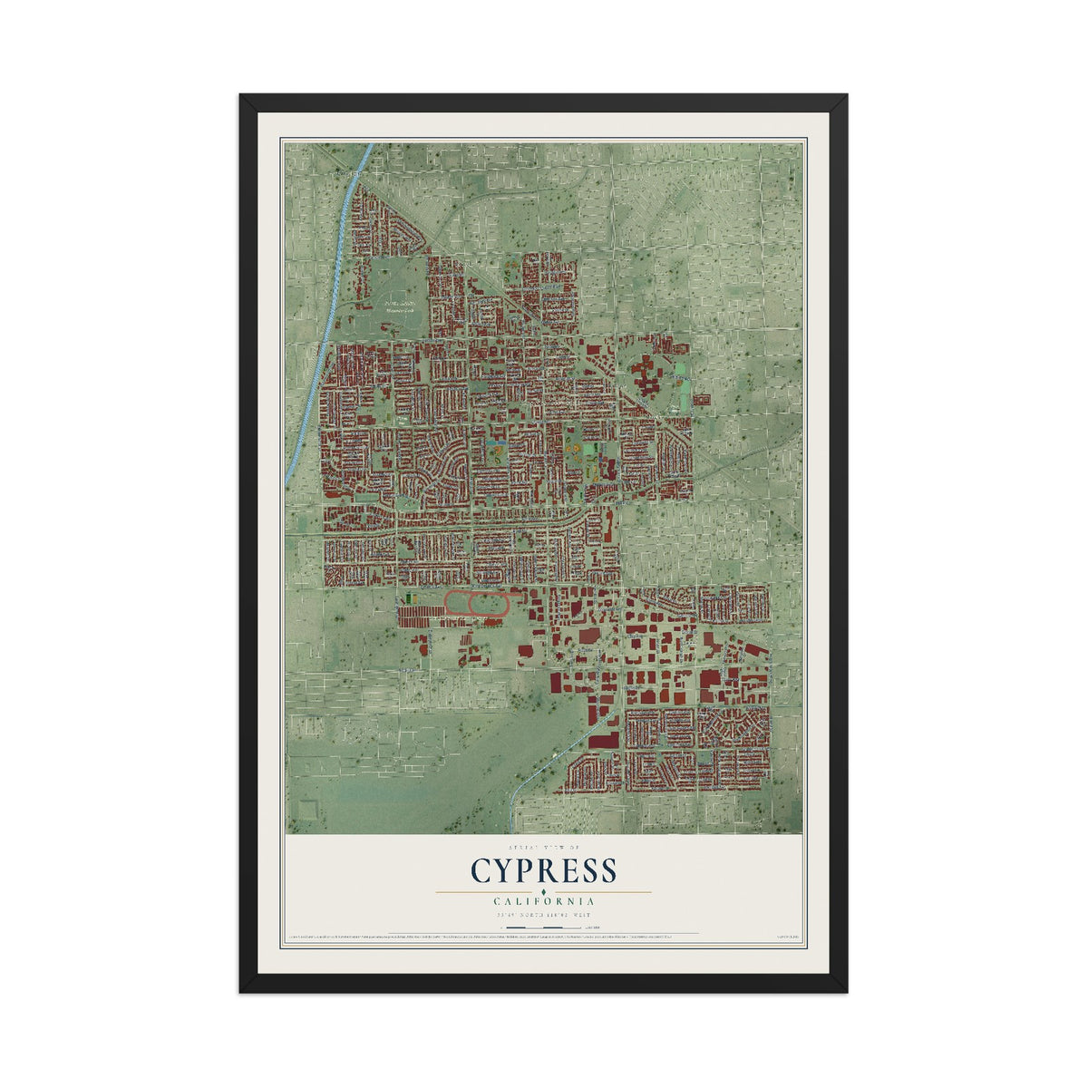 Map of Cypress, California, 12 x 18 inch print in a black wood frame