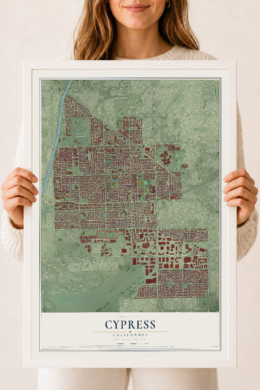 Map of Cypress, California, 18 x 24 inch print in a white wood frame