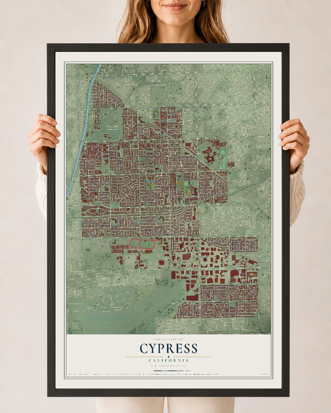 Map of Cypress, California, 24 x 36 inch print in a black wood frame