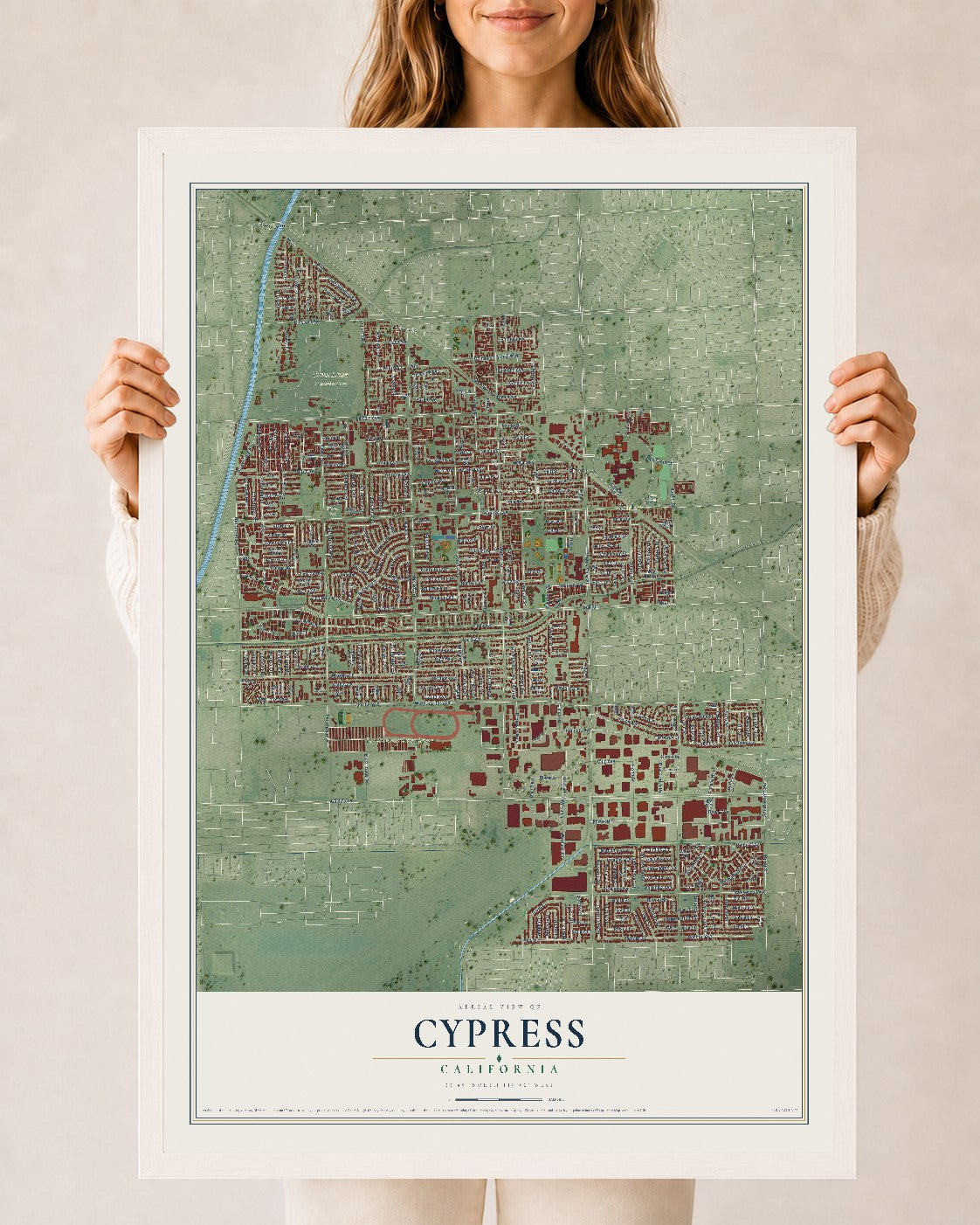 Map of Cypress, California, 24 x 36 inch print in a white wood frame