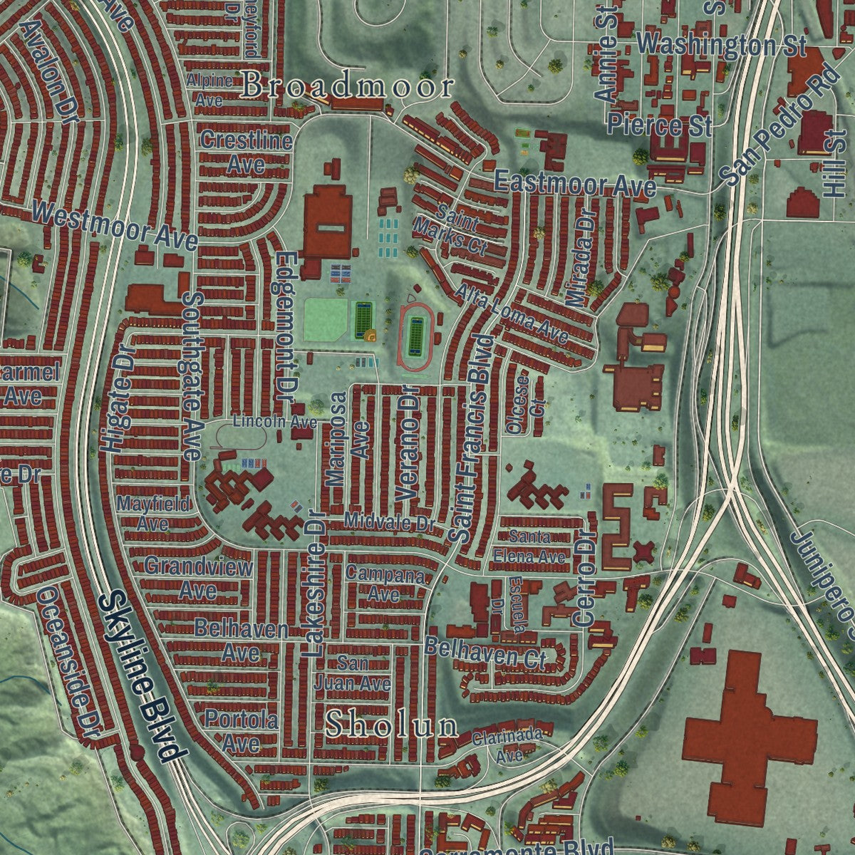 Close-up of the map of Daly City, California print showing street and building detail