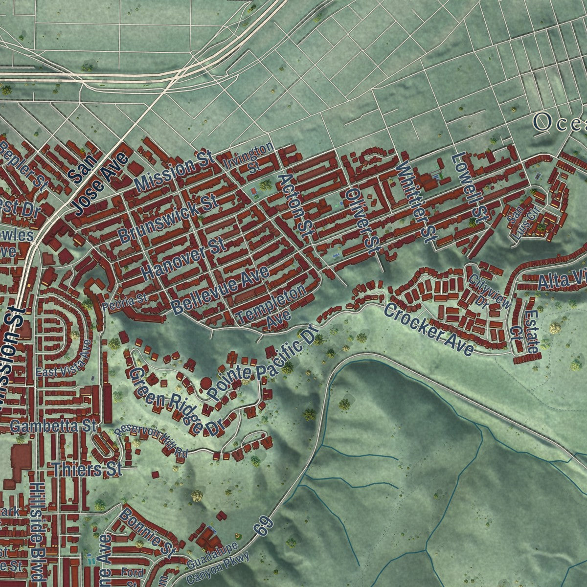 Second close-up of the map of Daly City, California print showing more streets and buildings