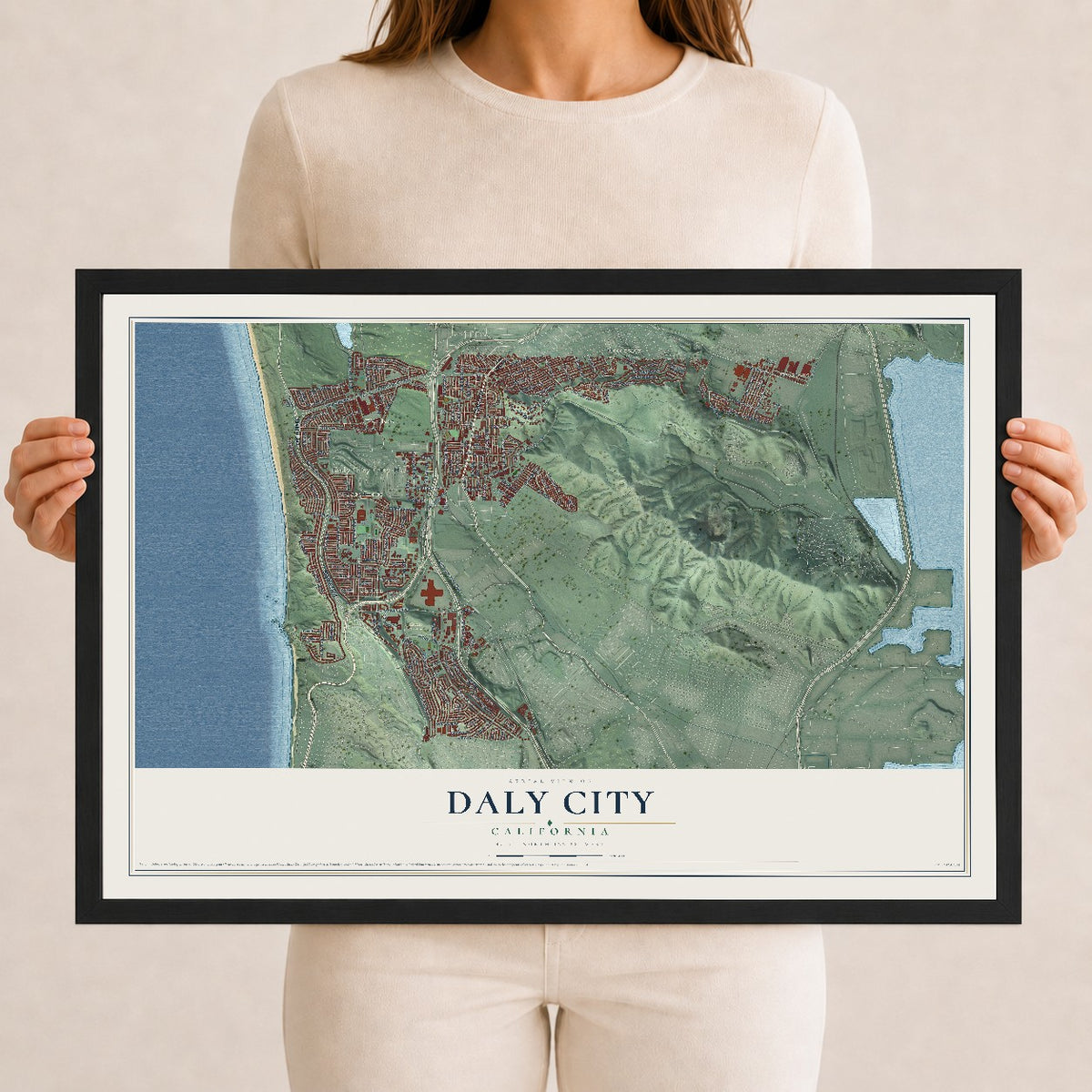 Map of Daly City, California, 12 x 18 inch print in a black wood frame