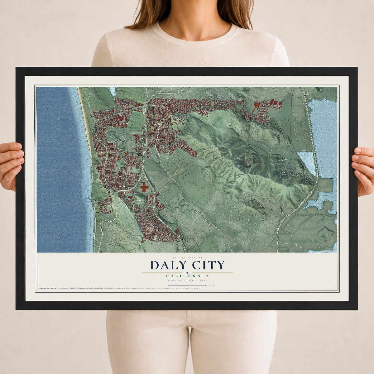 Map of Daly City, California, 18 x 24 inch print in a black wood frame