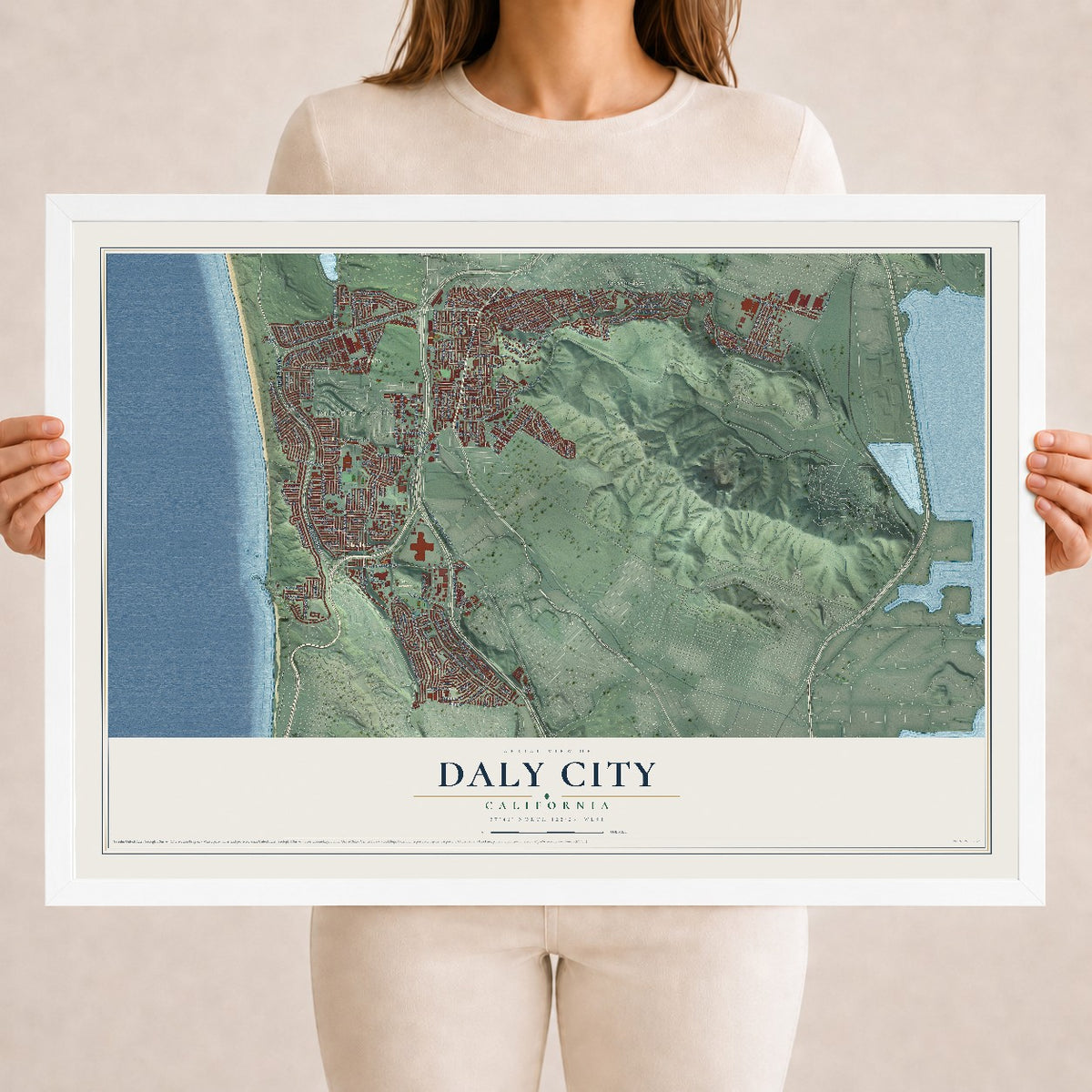 Map of Daly City, California, 18 x 24 inch print in a white wood frame