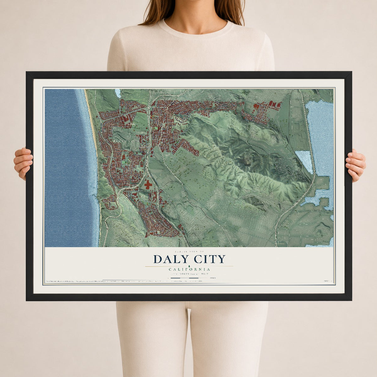 Map of Daly City, California, 24 x 36 inch print in a black wood frame