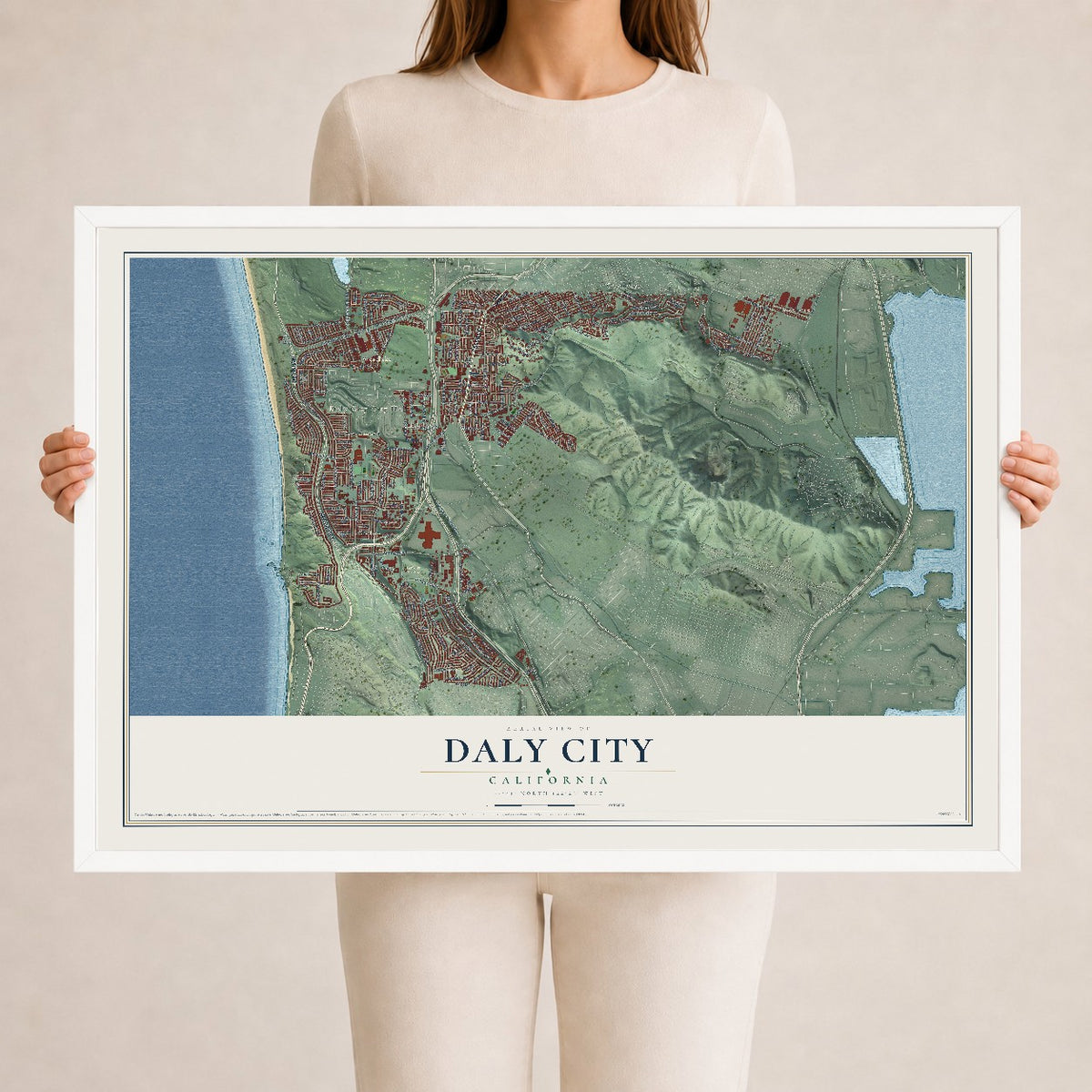 Map of Daly City, California, 24 x 36 inch print in a white wood frame