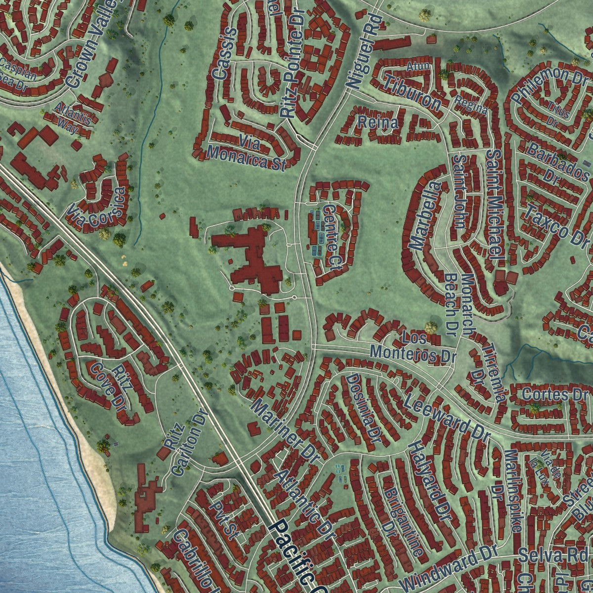 Close-up of the map of Dana Point, California print showing street and building detail