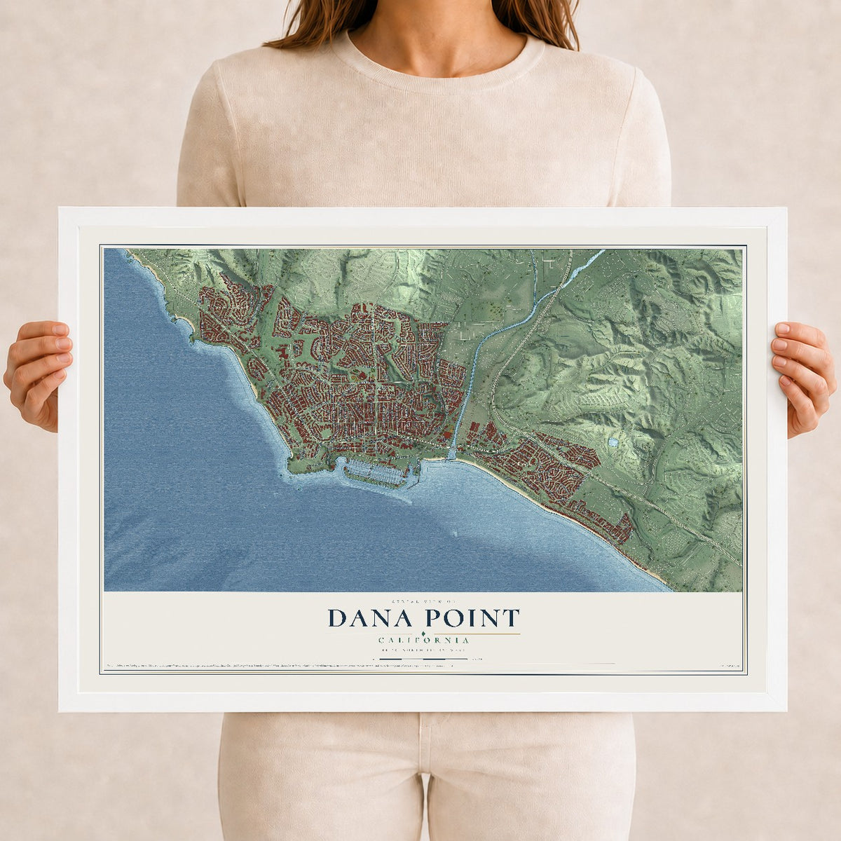 Map of Dana Point, California, 12 x 18 inch print in a white wood frame