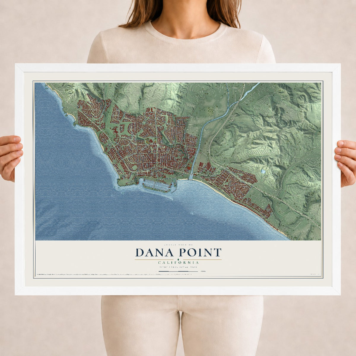 Map of Dana Point, California, 18 x 24 inch print in a white wood frame