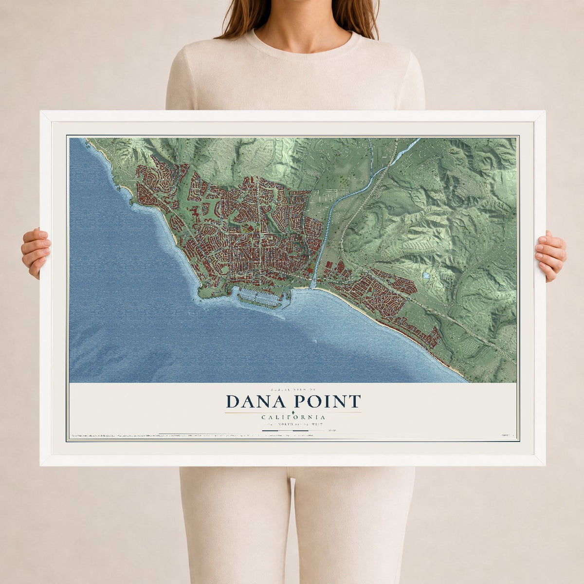 Map of Dana Point, California, 24 x 36 inch print in a white wood frame