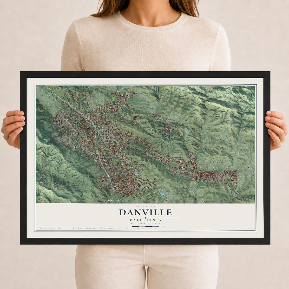 Map of Danville, California, 12 x 18 inch print in a black wood frame