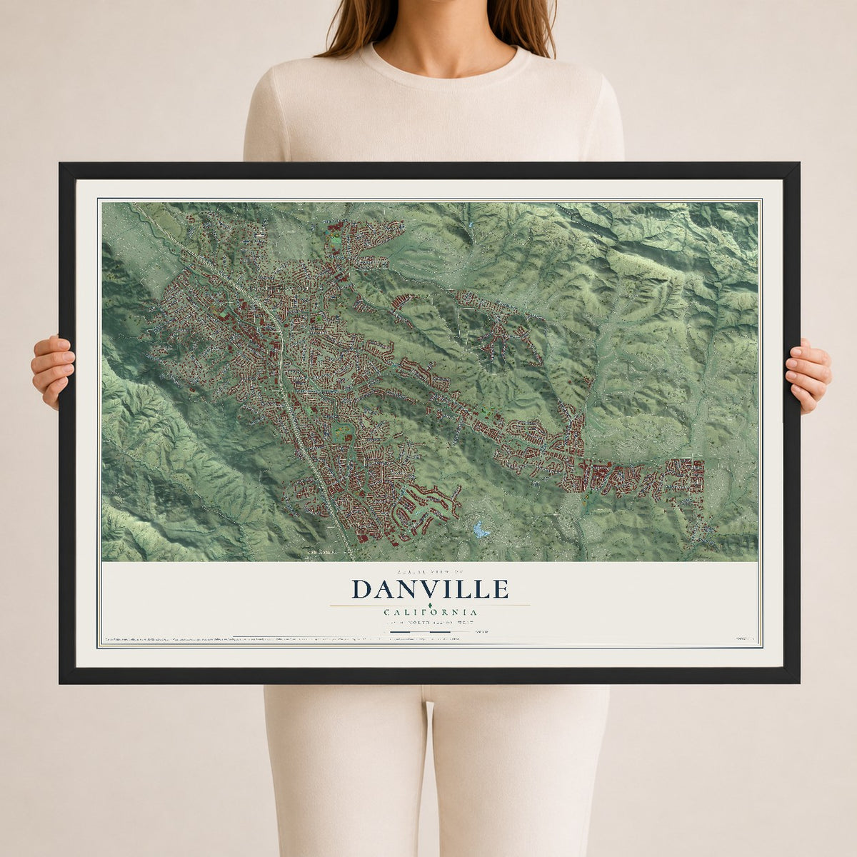 Map of Danville, California, 24 x 36 inch print in a black wood frame