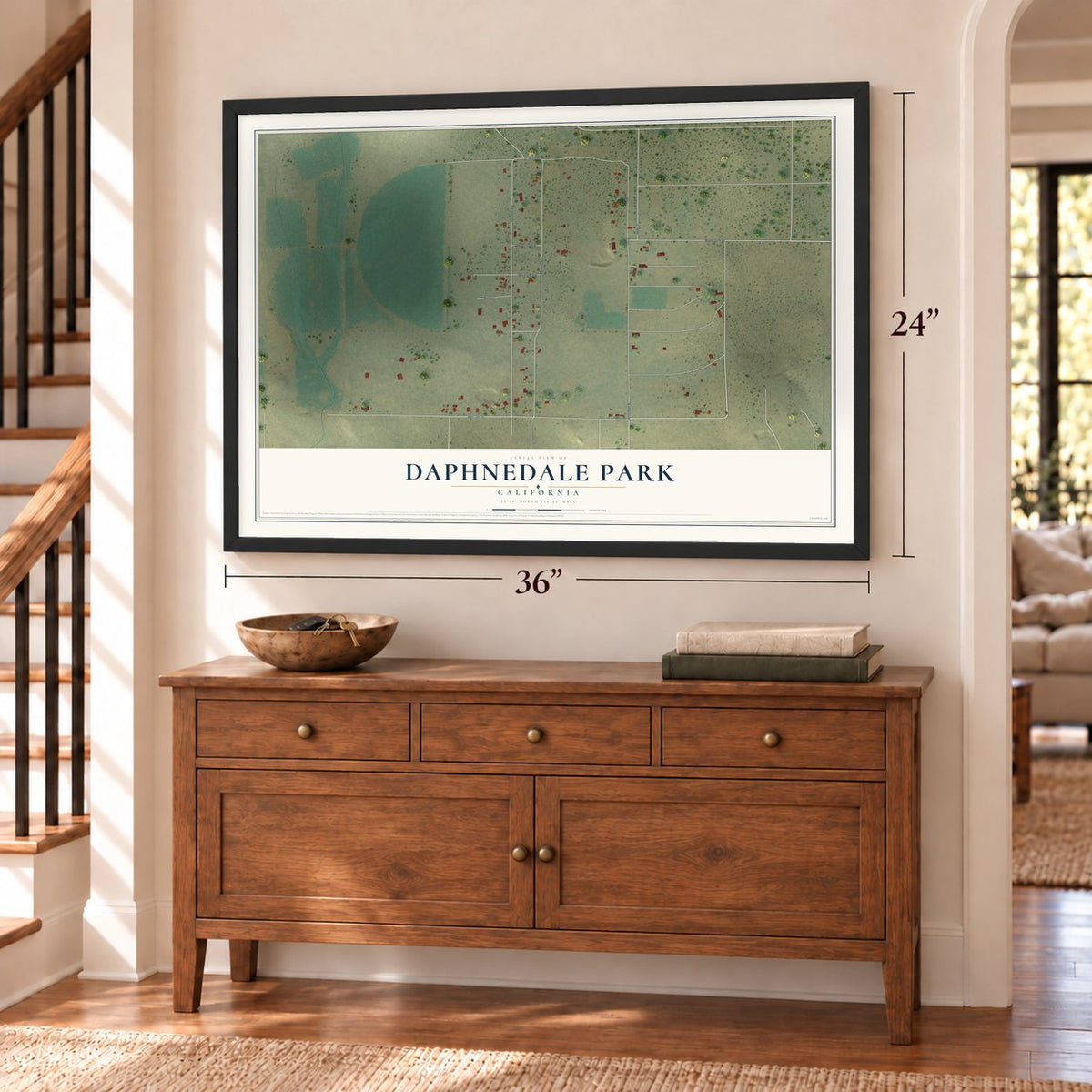 Daphnedale Park, California map, 24 x 36 inch print in a black frame above a dresser by a staircase