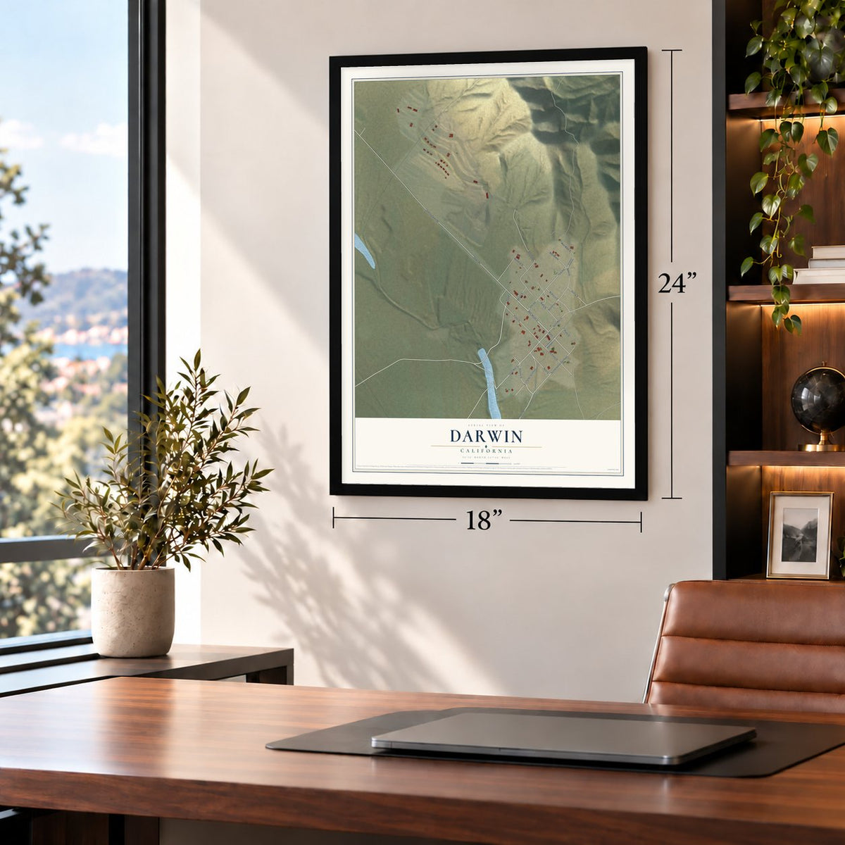 Darwin, California map, 18 x 24 inch print in a black frame in a home office