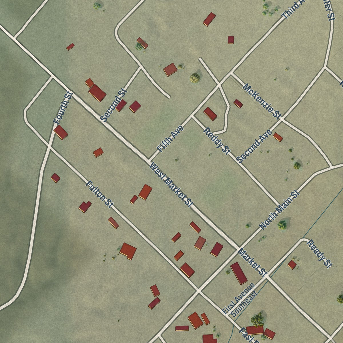 Close-up of the map of Darwin, California print showing street and building detail