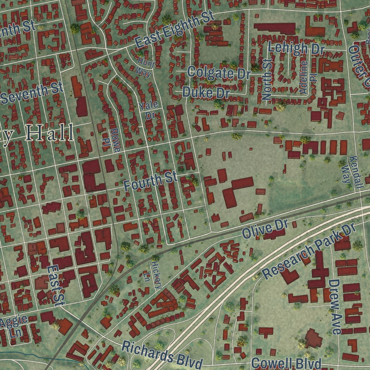 Second close-up of the map of Davis, California print showing more streets and buildings