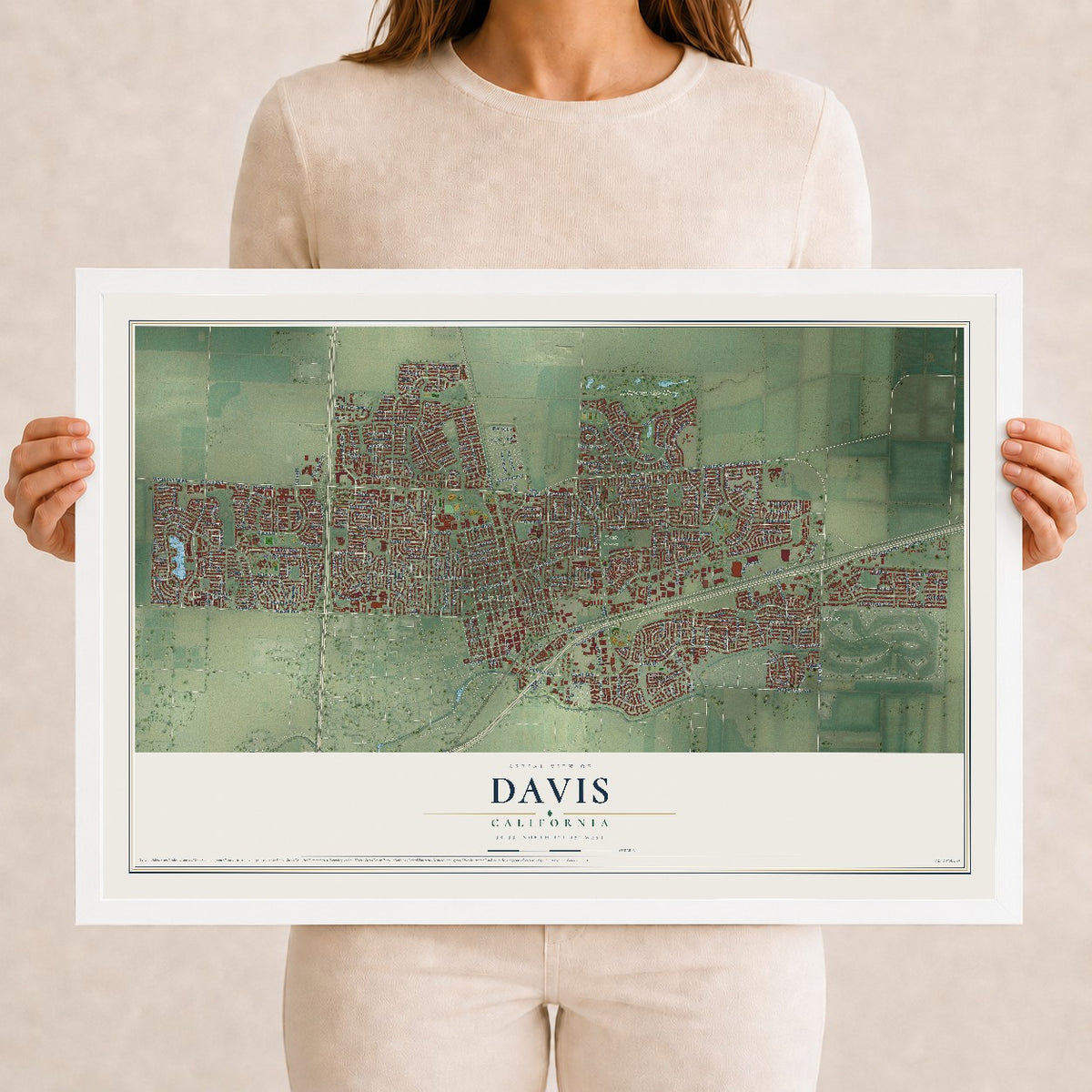 Map of Davis, California, 12 x 18 inch print in a white wood frame