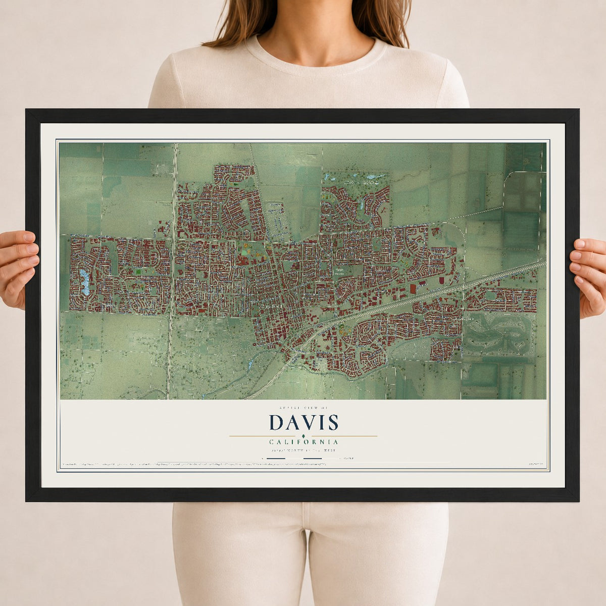 Map of Davis, California, 18 x 24 inch print in a black wood frame