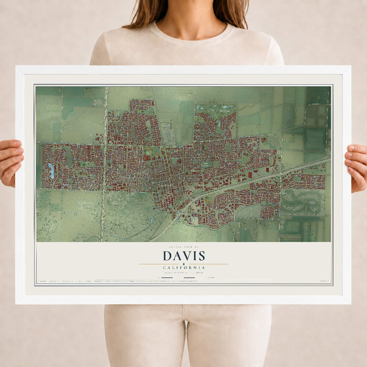 Map of Davis, California, 18 x 24 inch print in a white wood frame