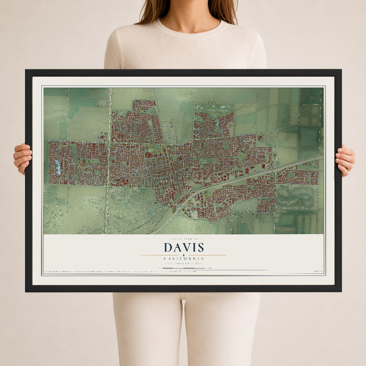 Map of Davis, California, 24 x 36 inch print in a black wood frame