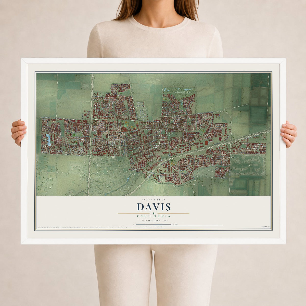Map of Davis, California, 24 x 36 inch print in a white wood frame