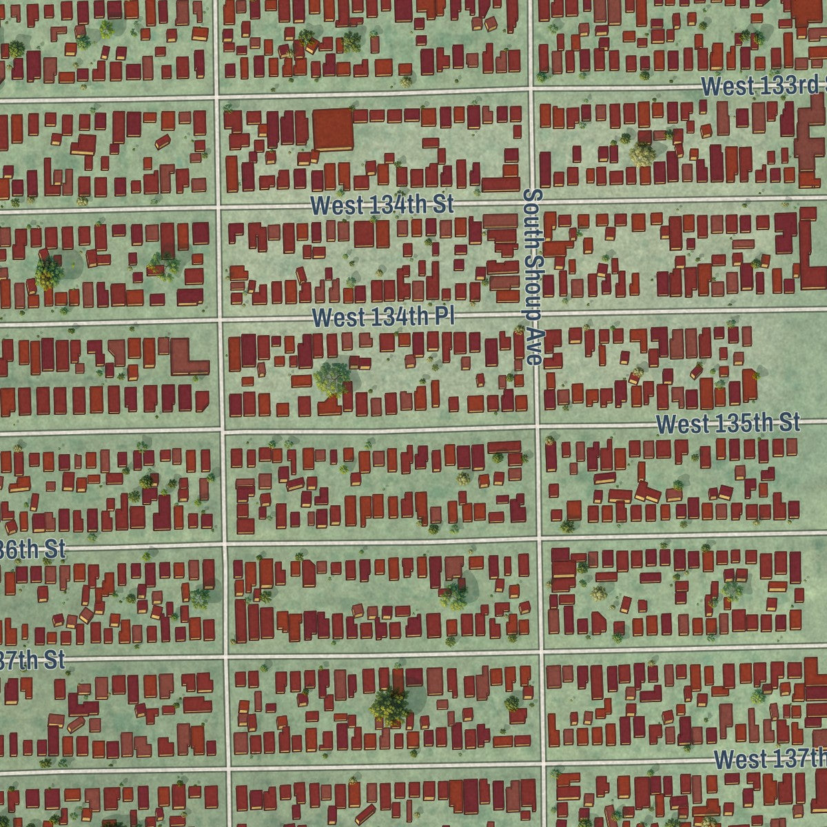 Close-up of the map of Del Aire, California print showing street and building detail