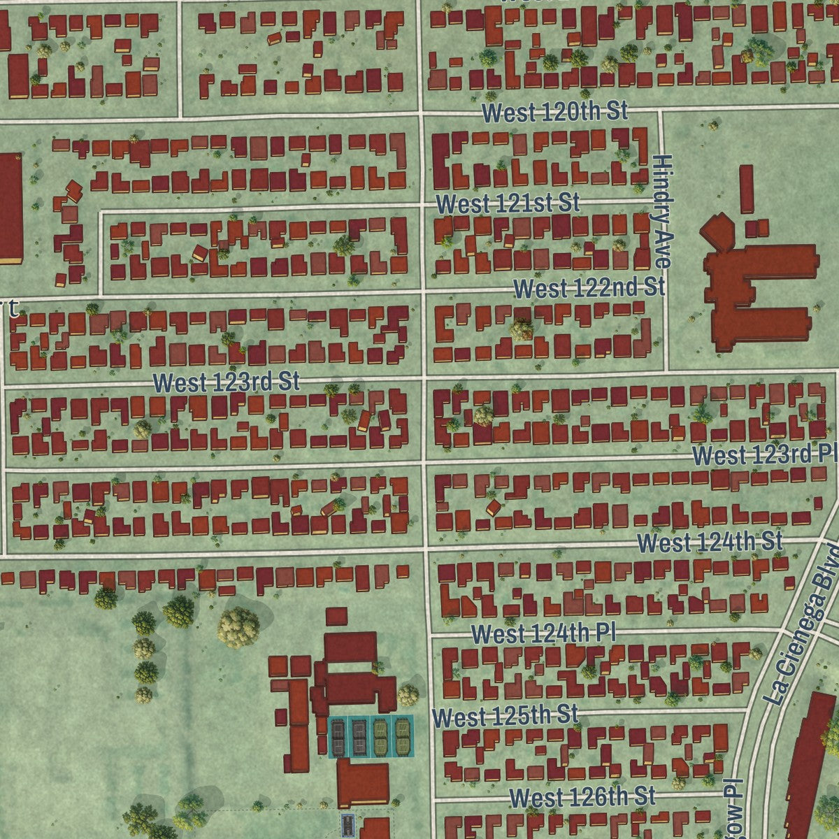 Second close-up of the map of Del Aire, California print showing more streets and buildings