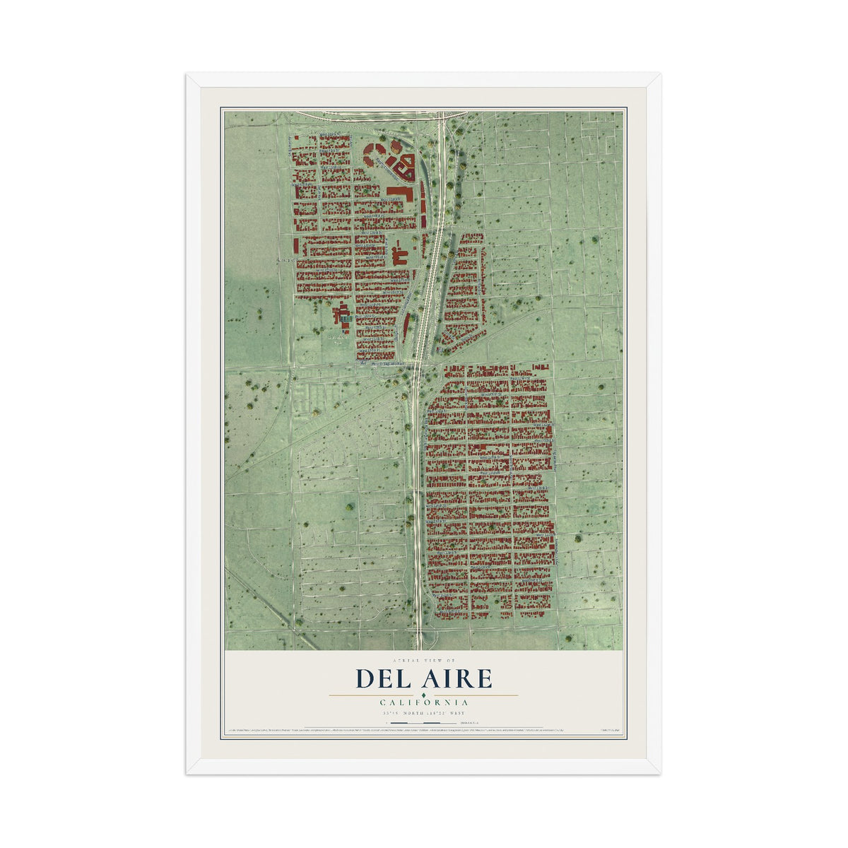 Map of Del Aire, California, 12 x 18 inch print in a white wood frame