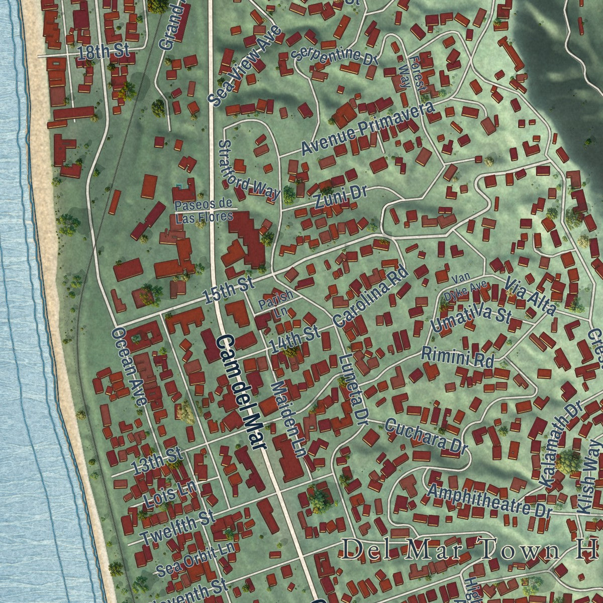 Close-up of the map of Del Mar, California print showing street and building detail