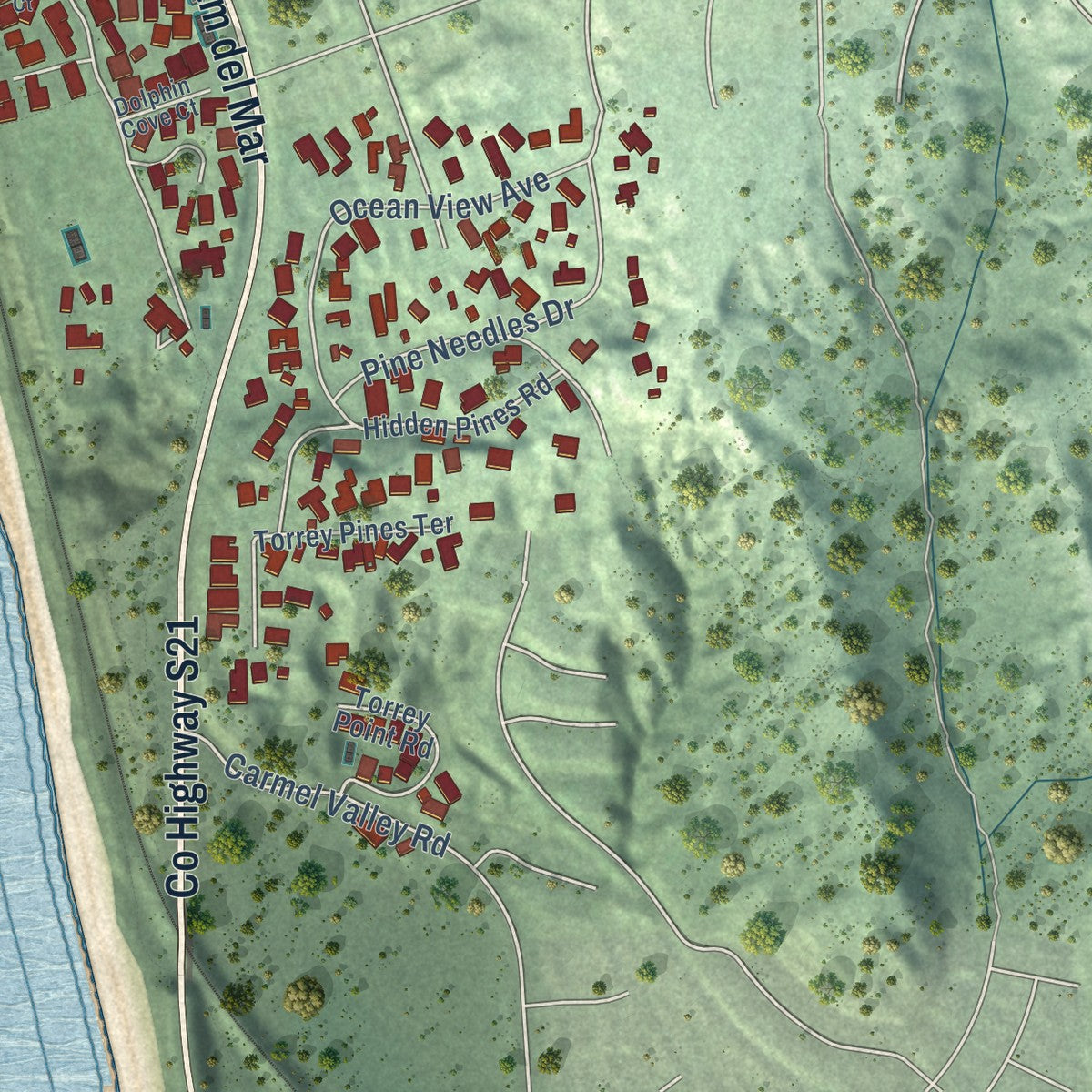 Second close-up of the map of Del Mar, California print showing more streets and buildings