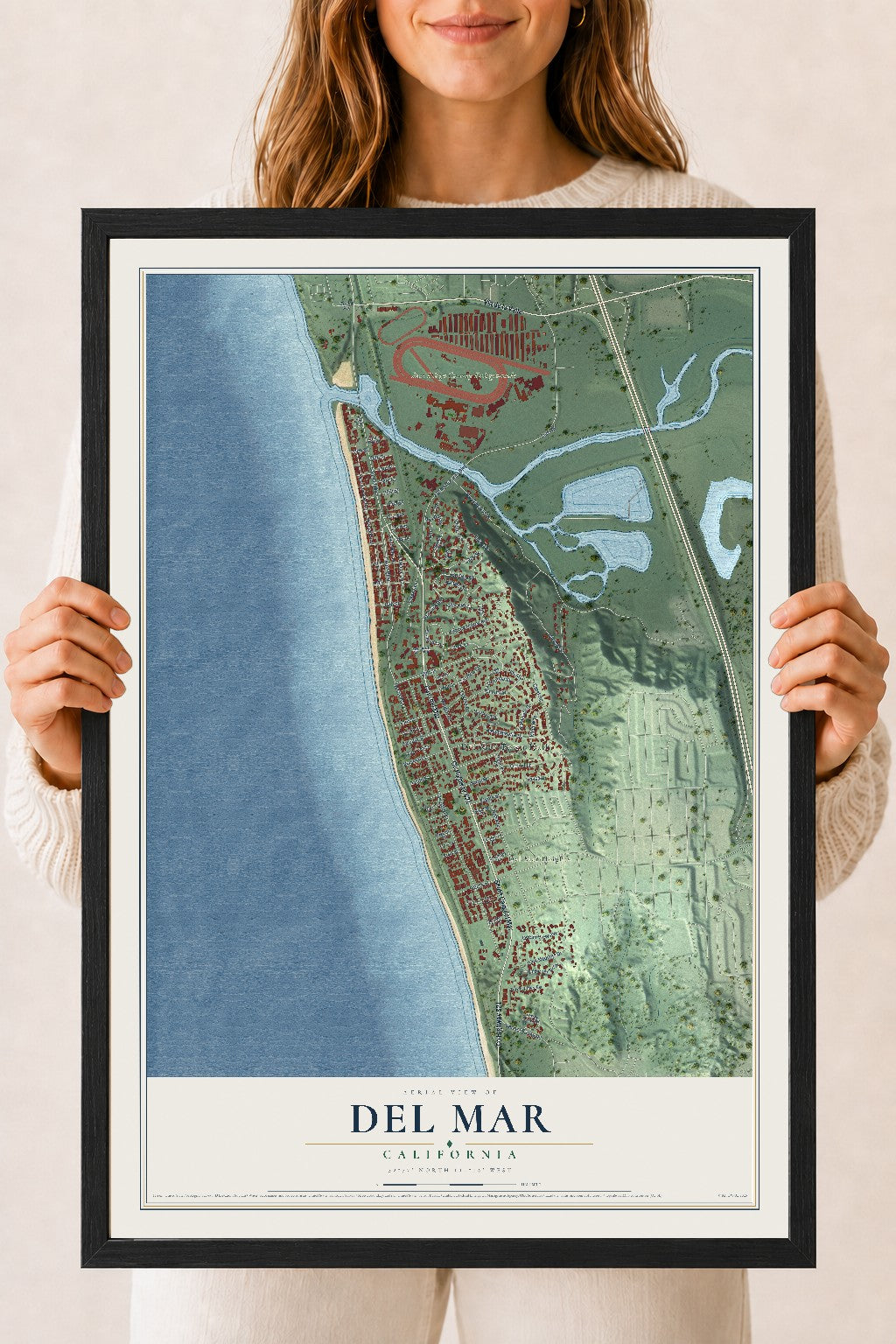 Map of Del Mar, California, 18 x 24 inch print in a black wood frame