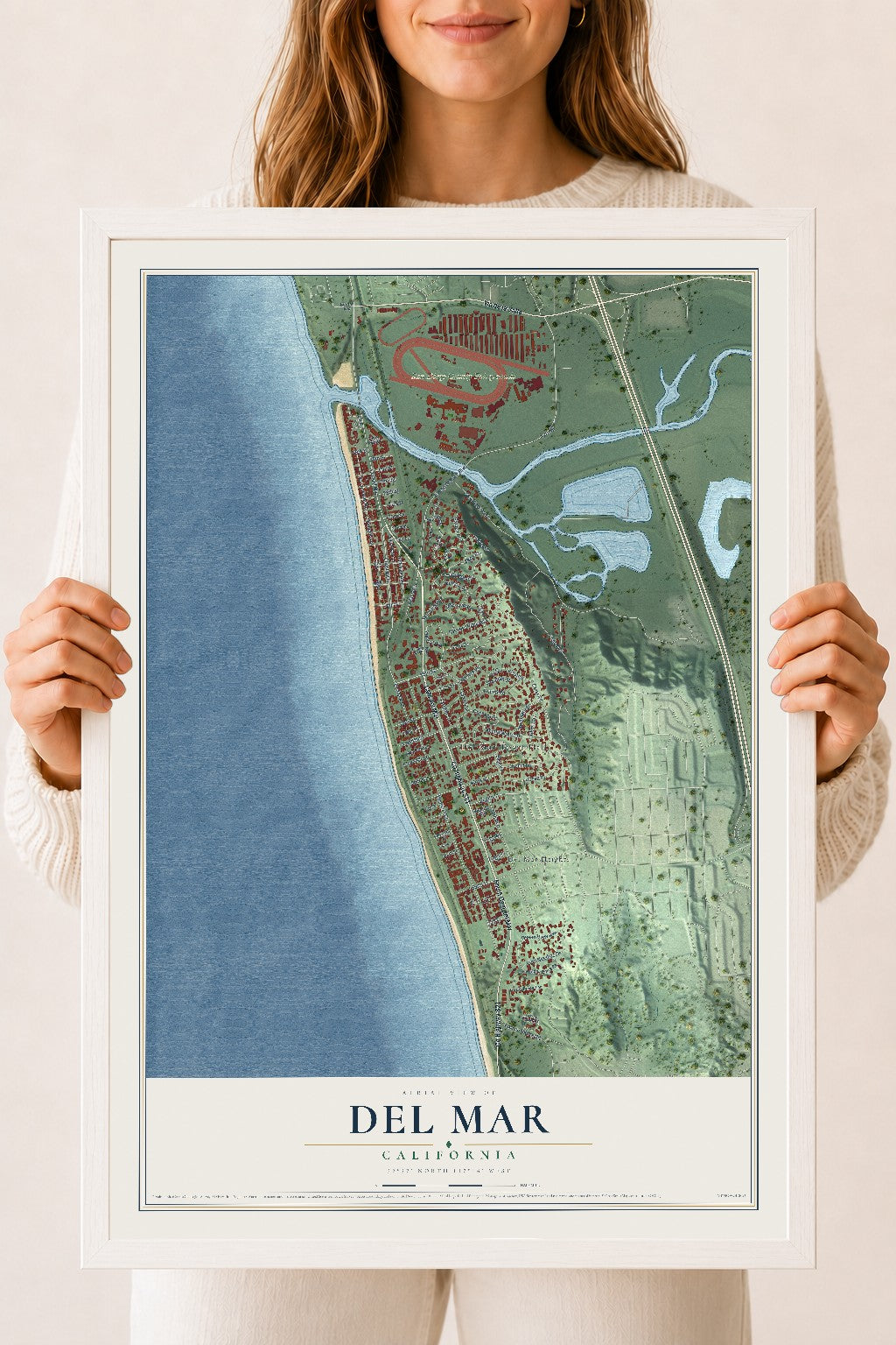 Map of Del Mar, California, 18 x 24 inch print in a white wood frame