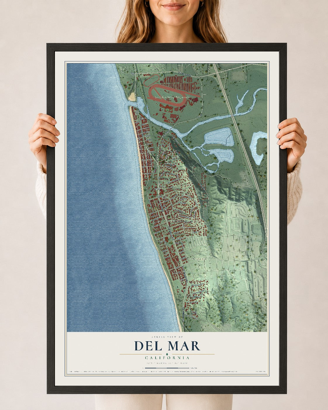 Map of Del Mar, California, 24 x 36 inch print in a black wood frame