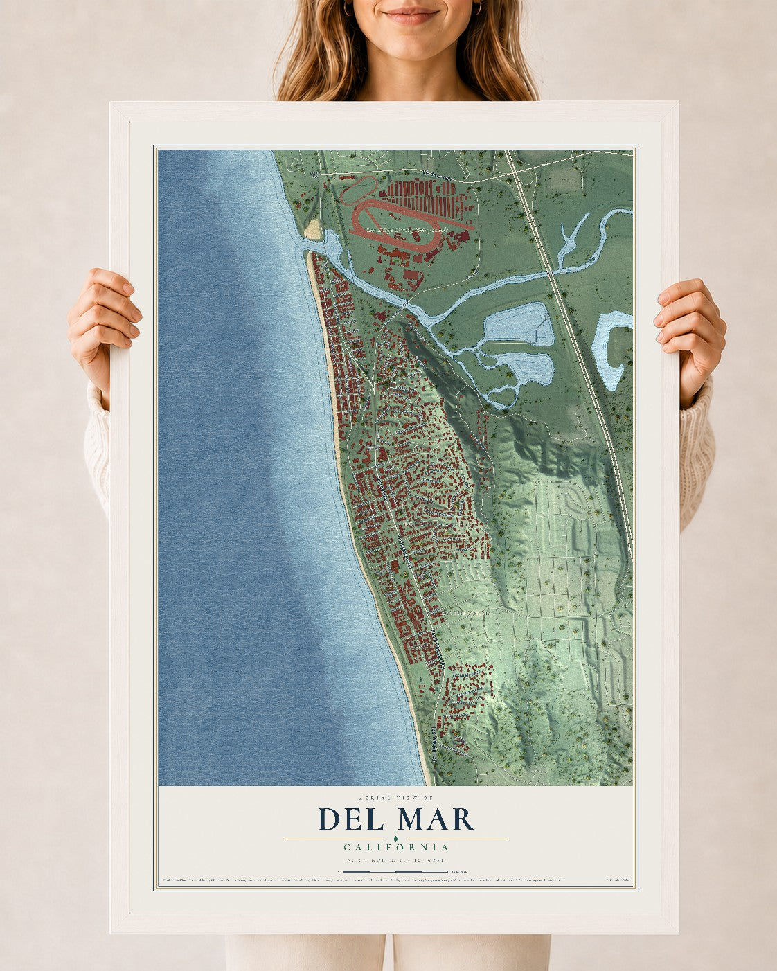 Map of Del Mar, California, 24 x 36 inch print in a white wood frame