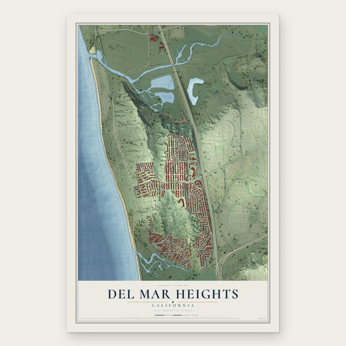 Del Mar Heights, California map print, the full design