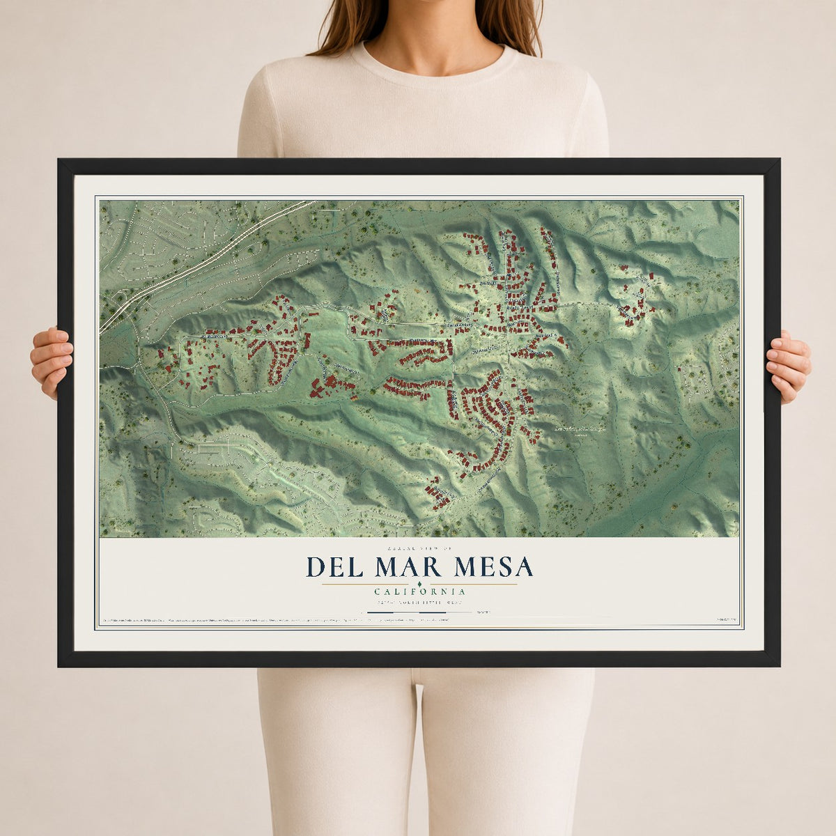 Map of Del Mar Mesa, California, 24 x 36 inch print in a black wood frame