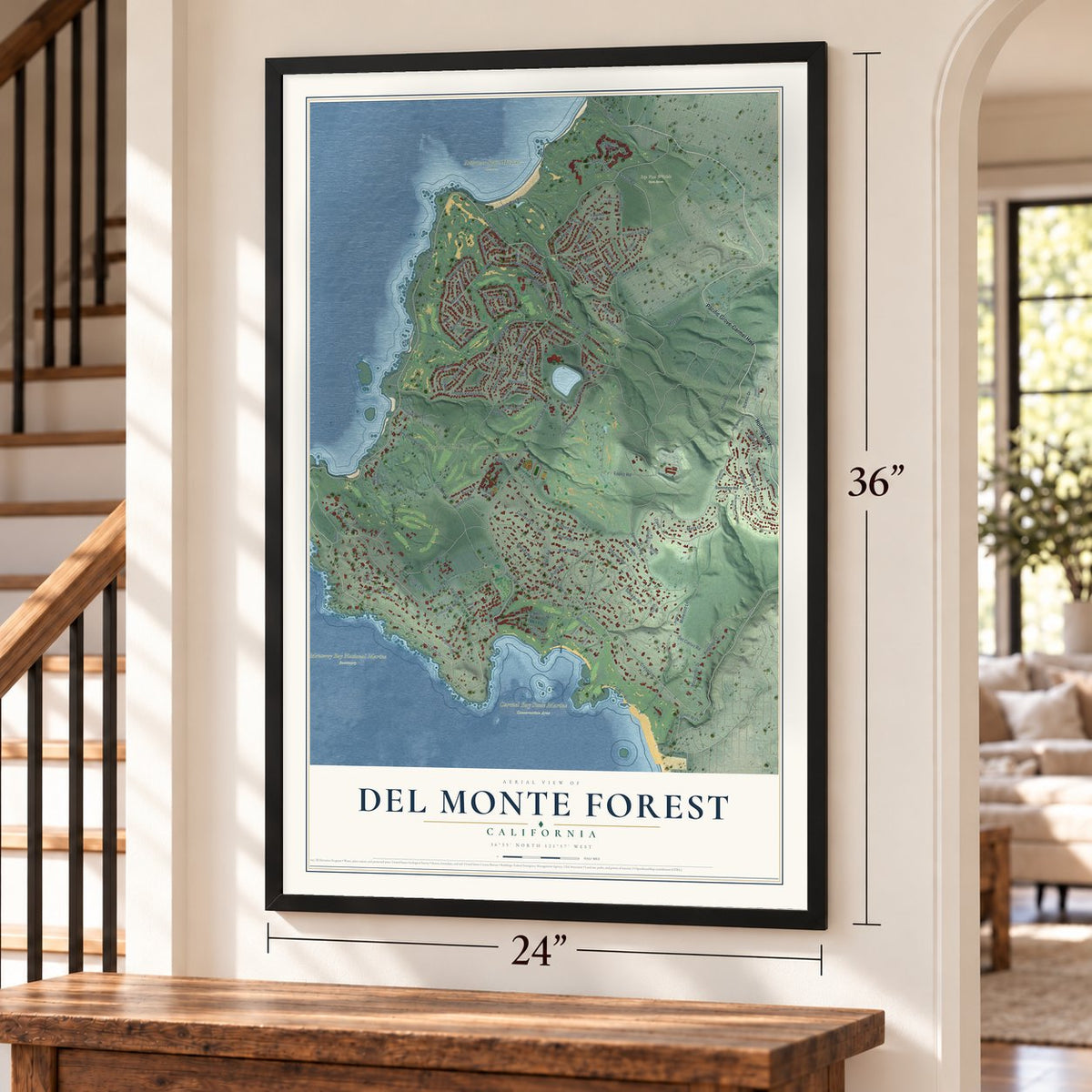 Del Monte Forest, California map, 24 x 36 inch print in a black frame by a staircase