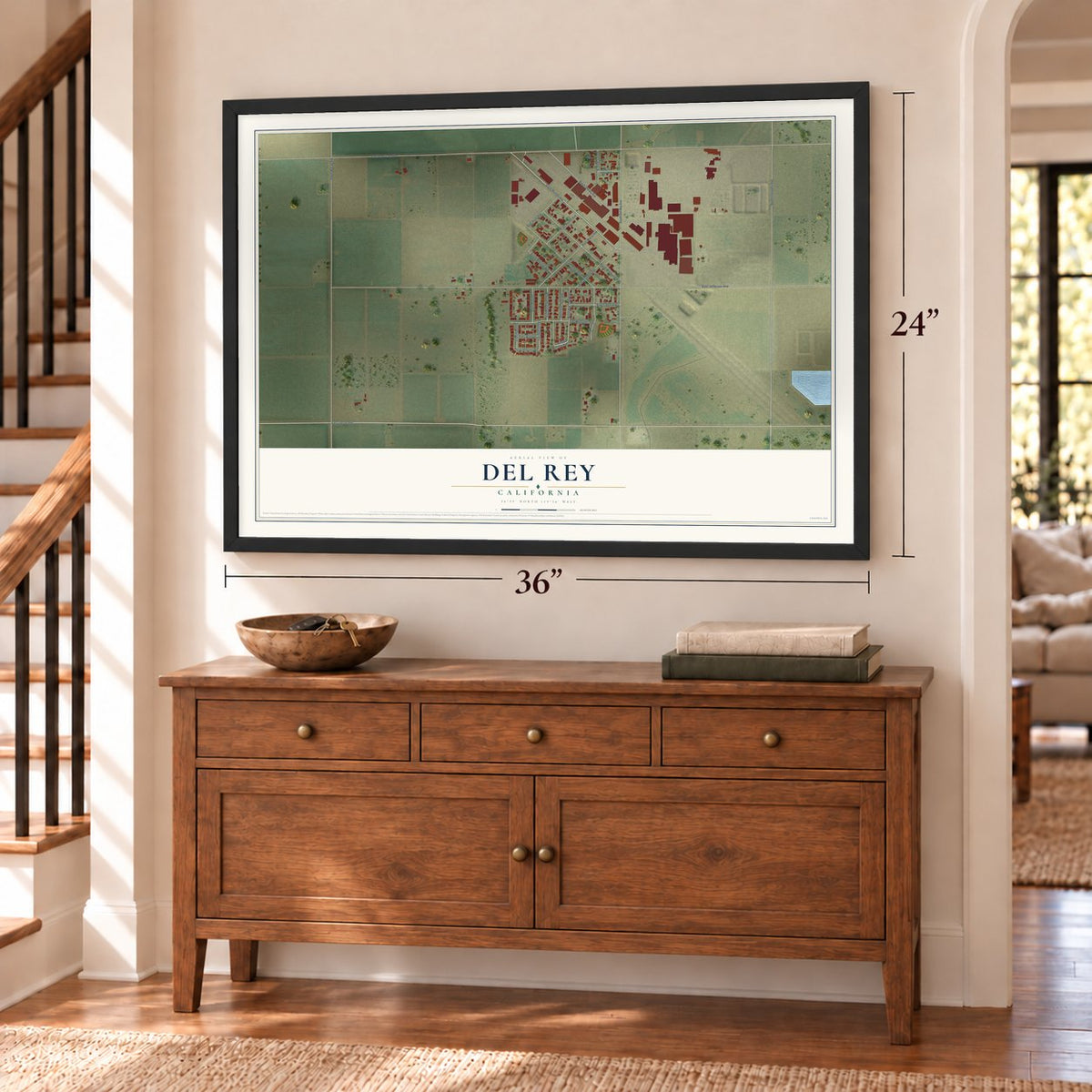 Del Rey, California map, 24 x 36 inch print in a black frame above a dresser by a staircase