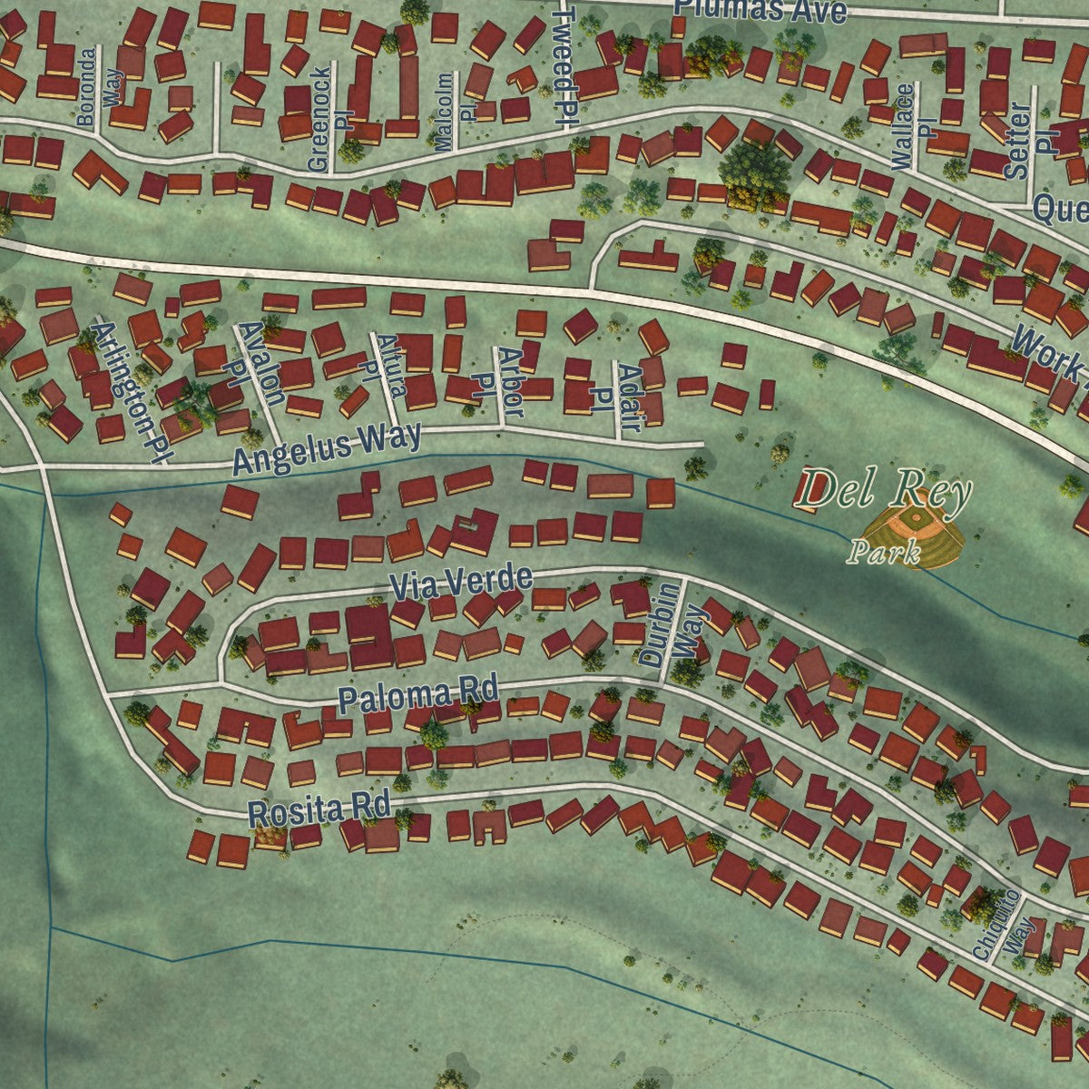 Close-up of the map of Del Rey Oaks, California print showing street and building detail