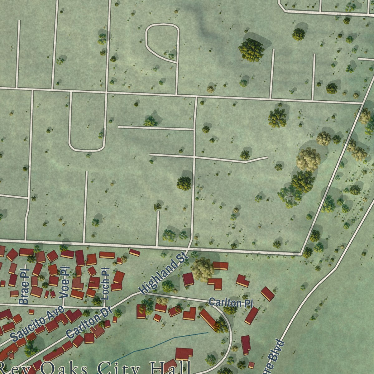 Second close-up of the map of Del Rey Oaks, California print showing more streets and buildings