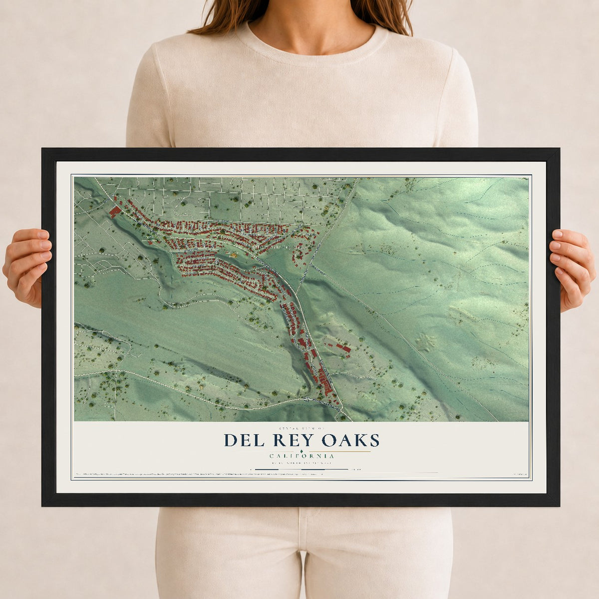 Map of Del Rey Oaks, California, 12 x 18 inch print in a black wood frame