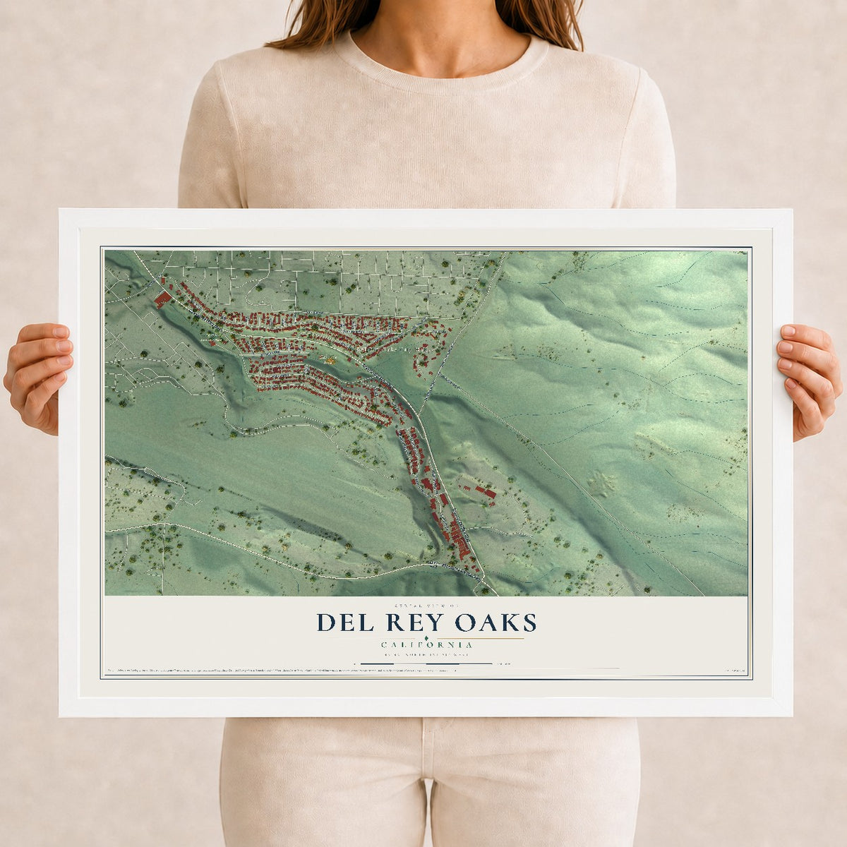 Map of Del Rey Oaks, California, 12 x 18 inch print in a white wood frame