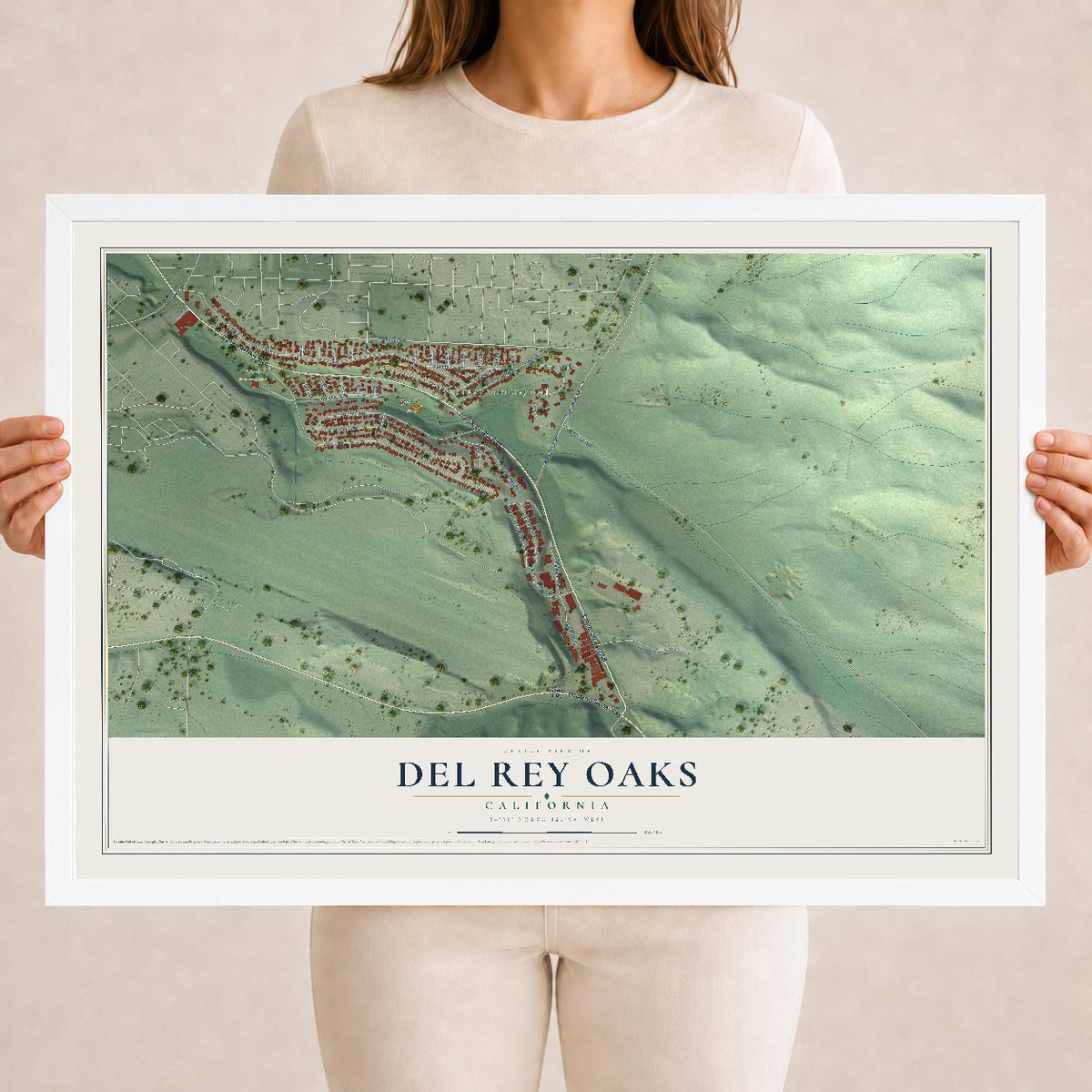 Map of Del Rey Oaks, California, 18 x 24 inch print in a white wood frame