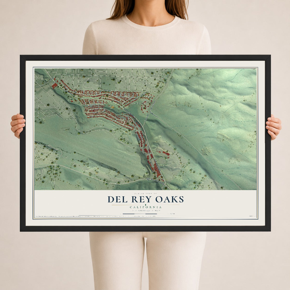 Map of Del Rey Oaks, California, 24 x 36 inch print in a black wood frame