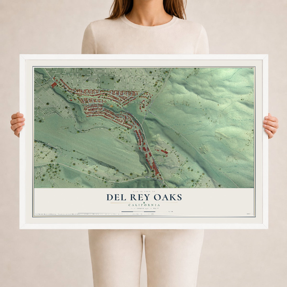Map of Del Rey Oaks, California, 24 x 36 inch print in a white wood frame