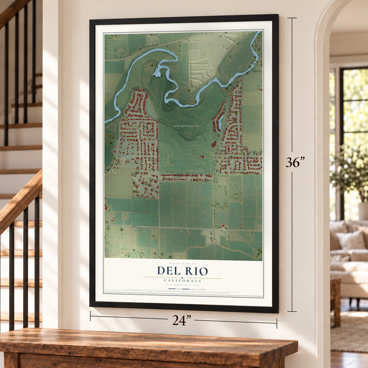 Del Rio, California map, 24 x 36 inch print in a black frame by a staircase