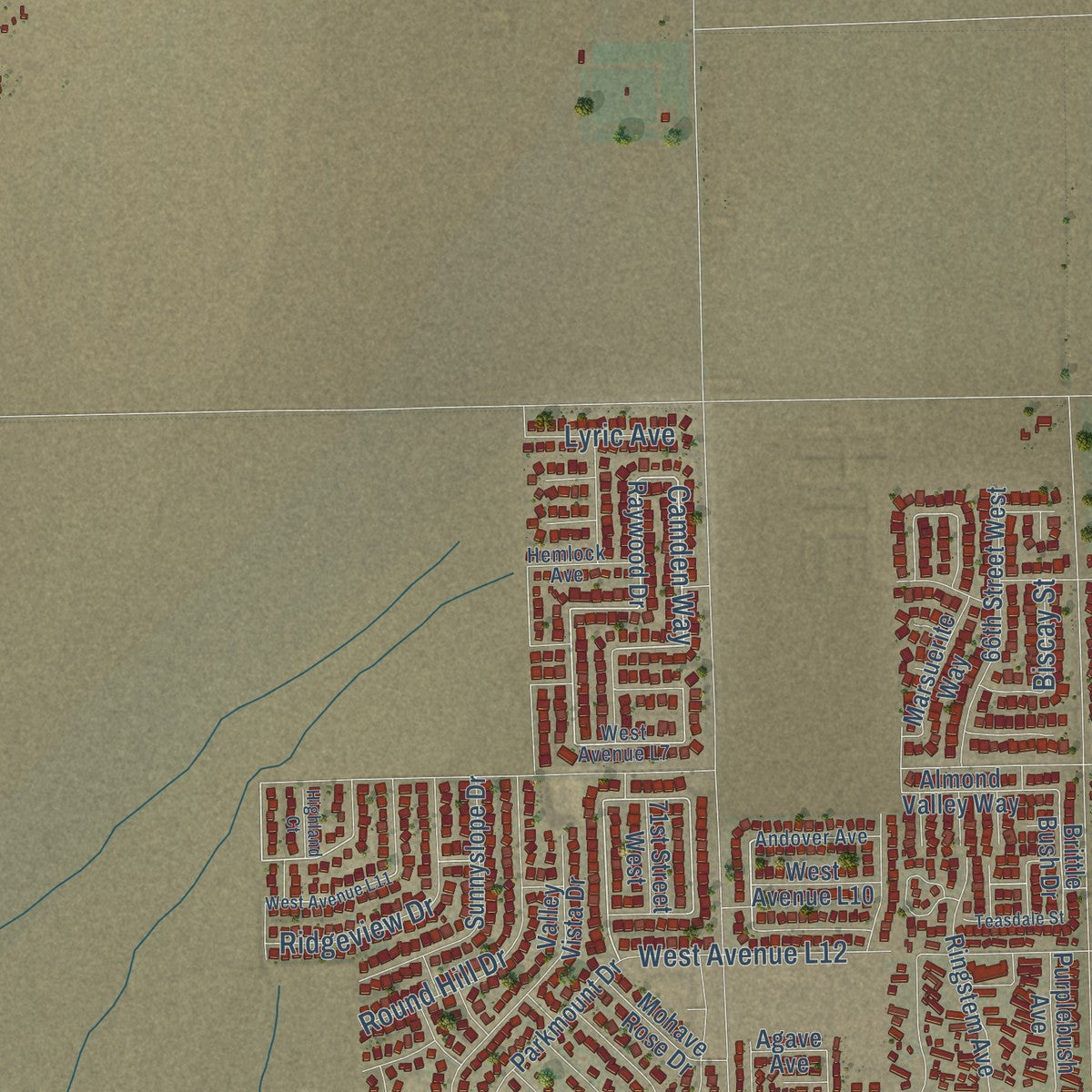 Close-up of the map of Del Sur, California print showing street and building detail