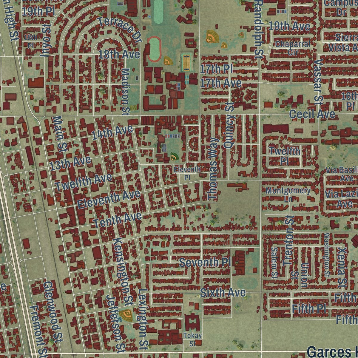 Close-up of the map of Delano, California print showing street and building detail