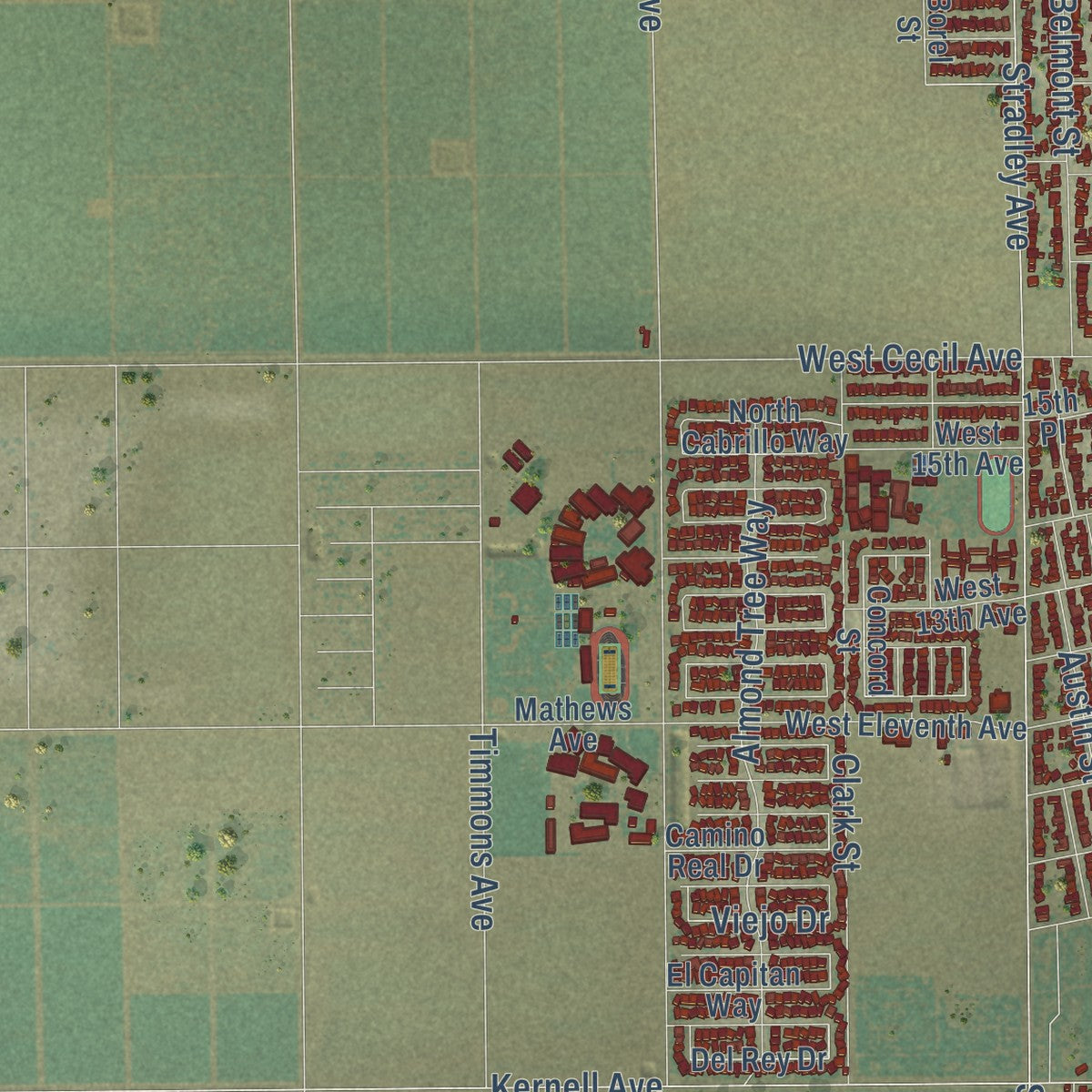 Second close-up of the map of Delano, California print showing more streets and buildings